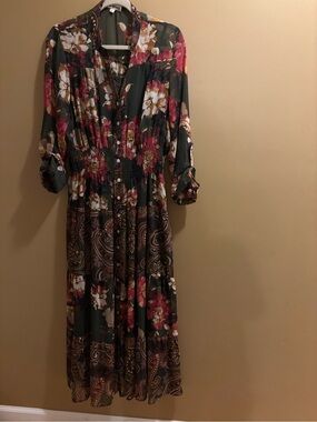 😍Floral Paisley Long Sleeve Maxi Dress - Olive & Magenta